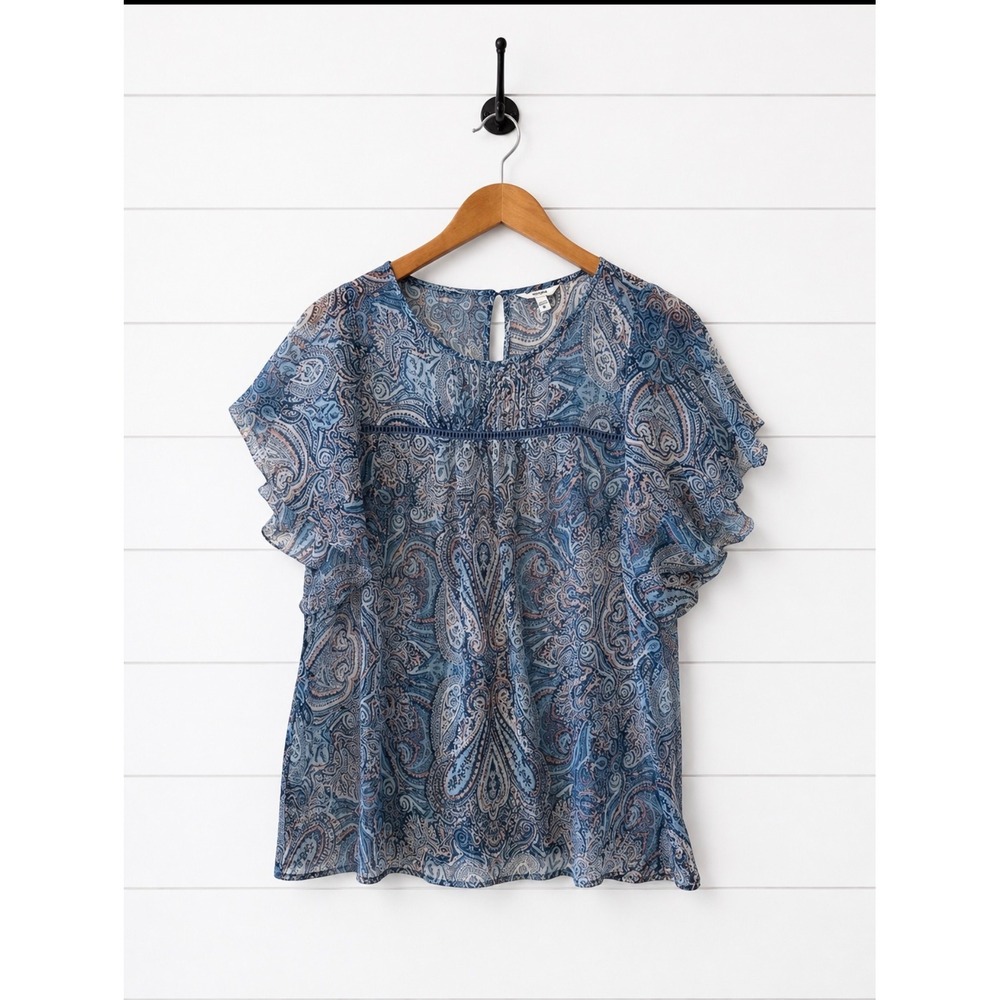 Sonoma Blue Paisley Flutter Sleeve Sheer Blouse Top Size M Boho